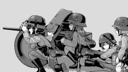Rule 34 | 4girls, bolt action, boots, cannon, combat helmet, erica (naze1940), german army, greyscale, gun, hair over one eye, helmet, highres, holding, holding gun, holding telescope, holding weapon, kneeling, looking at another, looking away, looking to the side, mauser 98, military, military uniform, monochrome, multiple girls, on one knee, original, rifle, simple background, telescope, uniform, weapon, white background, world war ii