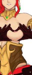 Rule 34 | 1girl, armband, breasts, brown gloves, corset, earrings, gloves, heart-shaped boob challenge, jewelry, medium breasts, neck ring, nipples, pyrrha nikos, raspberrycreampie, red hair, rwby, sketch, smile, white background