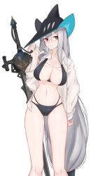 Rule 34 | 1girl, arknights, bare legs, bikini, black bikini, black hat, breasts, chinese commentary, cleavage, commentary request, dated commentary, feet out of frame, grey hair, hand up, hat, highres, holding strap, inniyik, jacket, large breasts, long hair, looking at viewer, looking away, low-tied long hair, navel, open clothes, open jacket, red eyes, skadi (arknights), solo, standing, swimsuit, sword, very long hair, weapon, white jacket