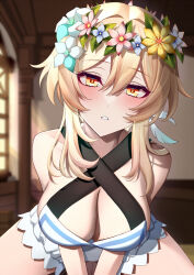 Rule 34 | 1girl, bare shoulders, blonde hair, blush, breasts, cas cassis, cleavage, commentary request, criss-cross halter, dress, feather hair ornament, feathers, flower, flower wreath, genshin impact, hair flower, hair ornament, halterneck, head wreath, large breasts, looking at viewer, lumine (genshin impact), medium hair, parted lips, sidelocks, solo, thighs, white dress, yellow eyes