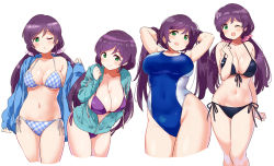 Rule 34 | 1girl, ;o, bare arms, bare shoulders, bikini, black bikini, blue bikini, blue jacket, blue one-piece swimsuit, breasts, cleavage, front-tie bikini top, front-tie top, green eyes, hair ornament, hair scrunchie, highres, jacket, kurokawa makoto, large breasts, long hair, long sleeves, looking at viewer, love live!, love live! school idol festival, love live! school idol project, low twintails, multiple views, one-piece swimsuit, one eye closed, open mouth, purple bikini, purple hair, scrunchie, side-tie bikini bottom, simple background, smile, swimsuit, tojo nozomi, twintails, white background