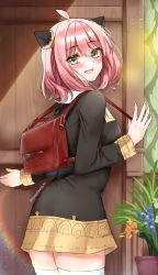Rule 34 | 1girl, aged up, anya (spy x family), artist name, bag, black dress, blush, collared shirt, commentary request, dress, eden academy school uniform, gold trim, green eyes, highres, lemon t, looking at viewer, looking to the side, pink hair, plant, school uniform, shirt, short dress, short hair, solo, spy x family, thighhighs, twitter username, watermark, white thighhighs