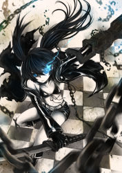 Rule 34 | 10s, 1girl, absurdres, arm cannon, bikini, bikini top only, black hair, black rock shooter, black rock shooter (character), blue eyes, boots, chain, coat, female focus, flat chest, glowing, glowing eyes, highres, ks (xephyrks), long hair, navel, pale skin, scar, shorts, solo, swimsuit, sword, twintails, weapon