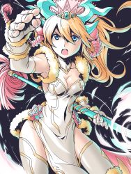 Rule 34 | 1girl, blonde hair, blue eyes, breasts, cleavage, covered navel, crown, elbow gloves, fingerless gloves, foreshortening, fur trim, gloves, highres, ishiyumi, long hair, open mouth, polearm, puzzle &amp; dragons, sakuya (p&amp;d), solo, tail, thighhighs, weapon, zettai ryouiki