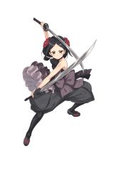 Rule 34 | 1girl, black eyes, black hair, black legwear, dual wielding, fighting stance, flower, full body, hair flower, hair ornament, highres, holding, holding sword, holding weapon, looking at viewer, official art, princess principal, princess principal game of mission, sandals, short hair, solo, sword, toudou chise, transparent background, weapon