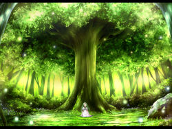 Rule 34 | 1girl, ^ ^, character request, closed eyes, dress, forest, green hair, green theme, hair over one eye, letterboxed, long hair, nature, rock, scenery, sitting, smile, solo, sui. (ayase), tree