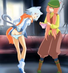 Rule 34 | 10s, 2girls, :o, animal ears, ass, blue eyes, blue hair, blue panties, butt crack, cat ears, cat tail, commentary request, elbow gloves, gloves, green eyes, hat, highres, holding, holding clothes, holding panties, holding underwear, iracco, jinrui wa suitai shimashita, long hair, looking at viewer, looking back, multiple girls, open mouth, panties, panty pull, pink hair, pink panties, pion (jintai), print panties, red scarf, revision, scarf, short hair, striped clothes, striped panties, sweatdrop, tail, underwear, vest, watashi (jintai)