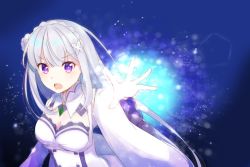 Rule 34 | 1girl, blue background, breasts, butterfly hair ornament, cleavage, detached collar, detached sleeves, emilia (re:zero), floating hair, flower, hair between eyes, hair flower, hair ornament, highres, long hair, long sleeves, medium breasts, nemu mohu, open mouth, outstretched hand, purple eyes, re:zero kara hajimeru isekai seikatsu, silver hair, solo, upper body, very long hair, white flower, white sleeves, wide sleeves