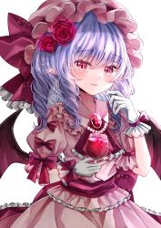 Rule 34 | 1girl, alcohol, ascot, bat wings, cup, dress, drill hair, drinking glass, flower, frilled dress, frilled shirt collar, frills, gloves, hair between eyes, hair flower, hair ornament, hat, hat ribbon, holding, holding cup, jaku sono, looking at viewer, mob cap, pink dress, pointy ears, puffy short sleeves, puffy sleeves, purple hair, red ascot, red eyes, remilia scarlet, ribbon, rose, short hair, short sleeves, simple background, slit pupils, smile, solo, touhou, white background, white gloves, wine, wine glass, wings