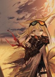 Rule 34 | 1girl, animal ears, arknights, arm belt, arm ribbon, asymmetrical pants, belt, belt pouch, black pants, black scarf, blonde hair, brown gloves, clenched hands, cloud, cloudy sky, coat, commentary, elbow gloves, extra tails, feet out of frame, fingerless gloves, floating hair, fox ears, fox tail, gloves, goggles, goggles on head, hand on own chest, hand up, highres, ic (iccccccccc81), kitsune, layered sleeves, long sleeves, looking at viewer, official alternate costume, open mouth, outdoors, pants, pouch, red ribbon, ribbon, sand, scarf, short over long sleeves, short sleeves, shoulder belt, sidelighting, sky, skyline, solo, standing, sunset, suzuran (arknights), suzuran (lostlands flowering) (arknights), tail, torn clothes, torn pants, utility belt, white coat, wiping face, yellow eyes