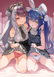 Rule 34 | 2girls, :3, absurdres, amamiya kokoro, amamiya kokoro (8th costume), animal ears, bare shoulders, barefoot, bear ears, bear hair ornament, black bow, black skirt, blue hair, blue shirt, blush, bow, bow panties, breasts, brown hair, brown hairband, brown necktie, center frills, detached sleeves, double bun, fake animal ears, frills, grey hair, grey shirt, grey skirt, hair bun, hair ornament, hairband, high-waist skirt, highres, lifting own clothes, long hair, looking at viewer, medium breasts, miniskirt, multicolored hair, multiple girls, necktie, nijisanji, official alternate costume, panties, parted lips, petticoat, pink panties, plaid necktie, pleated skirt, pom pom (clothes), pom pom hair ornament, rabbit ears, rabbit hair ornament, red eyes, shiromochimikan, shirt, side-tie skirt, sitting, skirt, sleeveless, sleeveless shirt, sleeveless sweater, smile, split-color hair, sweater, take your pick, thighs, turtleneck, twintails, underwear, very long hair, virtual youtuber, white hairband, white panties, x hair ornament, yellow eyes, yorumi rena, yorumi rena (11th costume)