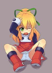 Rule 34 | 1girl, bad id, bad pixiv id, black shirt, blonde hair, blush, boots, commentary request, dress, flat chest, frilled dress, frills, full body, green eyes, green ribbon, grey background, hair ribbon, hand on own head, hand rest, knee boots, long hair, looking at viewer, mega man (classic), mega man (series), narisakach, on floor, one eye closed, open mouth, panties, ponytail, red dress, red footwear, ribbon, roll (mega man), shadow, shirt, sidelocks, simple background, sleeves past wrists, solo, spread legs, teardrop, turtleneck, undershirt, underwear, white panties