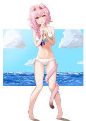 Rule 34 | 1girl, absurdres, animal ears, arknights, bare arms, bare legs, bare shoulders, barefoot, bikini, blue bow, blue sky, blush, bow, braid, breasts, cat ears, cat girl, cat tail, cloud, codename696, collarbone, day, full body, goldenglow (arknights), hair bow, hair over shoulder, hands up, highres, horizon, leaning to the side, looking at viewer, navel, ocean, parted lips, pink hair, shadow, single braid, sky, small breasts, smile, solo, standing, swimsuit, tail, tail around own leg, tiptoes, water, white bikini, yellow eyes