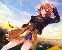 Rule 34 | 1girl, black hoodie, black jacket, blue sky, brown hair, clothes around waist, commentary request, day, denim, denim shorts, dutch angle, hair ornament, hairclip, hand up, highres, higuchi madoka, hinasumire, hood, hoodie, idolmaster, idolmaster shiny colors, jacket, leather, leather jacket, long sleeves, looking at viewer, mole, mole under eye, mountainous horizon, nail polish, outdoors, petals, plaid, plaid shirt, purple eyes, shirt, shirt around waist, short hair, short shorts, shorts, sky, solo, thighs
