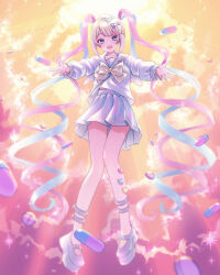Rule 34 | 1girl, backlighting, blonde hair, blue bow, blue eyes, blue hair, blush, bow, chouzetsusaikawa tenshi-chan, cloud, drugs, floating, full body, hair bow, hair ornament, heart, heart hair ornament, highres, holographic clothing, long hair, long sleeves, looking at viewer, medicine, multicolored hair, multiple hair bows, needy girl overdose, open mouth, outstretched arms, pill, pin, pink bow, pink hair, platform footwear, pleated skirt, purple bow, quad tails, sailor collar, school uniform, serafuku, skirt, sky, smile, solo, sunlight, twilight, very long hair, watashi (zerorz)