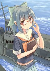 Rule 34 | 10s, 1girl, adjusting eyewear, azu (azusayumix), bespectacled, bow, brown eyes, commentary request, glasses, green hair, hair bow, kantai collection, machinery, navel, notebook, pleated skirt, ponytail, red-framed eyewear, school uniform, serafuku, skirt, solo, water, yuubari (kancolle)