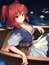 Rule 34 | 1girl, asutora, boat, breasts, cleavage, collarbone, commentary request, eyes visible through hair, flower, hair between eyes, hair bobbles, hair ornament, highres, large breasts, looking at viewer, onozuka komachi, red eyes, red hair, sash, short hair, short sleeves, smile, solo, touhou, two side up, water, watercraft