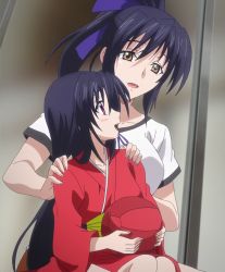 Rule 34 | 10s, 2girls, black hair, breasts, female focus, high school dxd, highres, himejima akeno, himejima shuri, large breasts, long hair, mother and daughter, multiple girls, purple eyes, sitting, smile, stitched, third-party edit, aged down