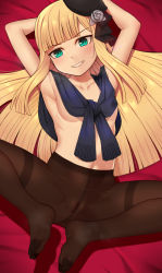 Rule 34 | 1girl, armpits, bad id, bad pixiv id, beret, black hat, blonde hair, blue scarf, blunt bangs, blush, breasts, brown pantyhose, cleft of venus, clothes around neck, crotch seam, fate/grand order, fate (series), feet, flower, green eyes, grey flower, grey rose, grin, hat, long hair, looking at viewer, lord el-melloi ii case files, lying, navel, nt00, on back, pantyhose, pussy, reines el-melloi archisorte, ringed eyes, rose, scarf, small breasts, smile, solo, spread legs, sweat, sweatdrop, thighband pantyhose