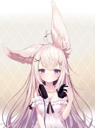 Rule 34 | 1girl, absurdres, animal, animal ear fluff, animal ears, antenna hair, bad id, bad pixiv id, bird, blonde hair, blush, breasts, brown background, cleavage, closed mouth, commentary, dress, gradient background, hair ornament, hairclip, hand on headphones, hand up, headphones, headphones around neck, highres, long hair, looking at viewer, medium breasts, off-shoulder dress, off shoulder, original, purple eyes, rabbit ears, solo, upper body, very long hair, white background, white dress, yuui hutabakirage