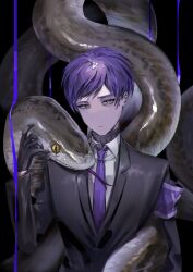 Rule 34 | 1boy, black sweater, closed mouth, collared shirt, highres, lobotomy corporation, looking at viewer, male focus, na-gyou (nunumaru), necktie, project moon, purple armband, purple hair, purple necktie, shirt, snake, solo, sweater, sweater under shirt, turtleneck, turtleneck sweater, upper body, white shirt, yellow eyes, yesod (project moon)