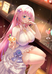 Rule 34 | 1girl, absurdres, bar (place), bare legs, bare shoulders, blue eyes, bracelet, breasts, bridal garter, center opening, cherry, cup, dress, drinking glass, earrings, elf, elysia (honkai impact), flower, food, fruit, hair between eyes, hair flower, hair ornament, hand on own cheek, hand on own face, highres, holding, holding cup, honkai (series), honkai impact 3rd, jewelry, large breasts, long hair, looking at viewer, menu board, necklace, pink hair, pink pupils, pointy ears, sitting, sleeveless, sleeveless dress, smile, solo, very long hair, white dress, wine glass, zhihe box
