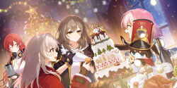 Rule 34 | 1other, 4girls, alcohol, archery shooting glove, black coat, black gloves, blue eyes, blue jacket, breasts, cake, champagne, christmas tree, clara (honkai: star rail), cleavage, closed eyes, closed mouth, coat, commentary, dutch angle, english commentary, food, gloves, grey hair, highres, himeko (honkai: star rail), honkai: star rail, honkai (series), icing, jacket, large breasts, long sleeves, march 7th (honkai: star rail), medium hair, mole, mole on breast, multiple girls, open mouth, partially fingerless gloves, pastry bag, pink eyes, pink hair, pom-pom (honkai: star rail), red coat, red eyes, red hair, rizu033, shirt, signature, single glove, smile, stelle (honkai: star rail), sweatdrop, trailblazer (honkai: star rail), two-tone eyes, upper body, white shirt, window, yellow eyes