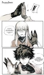 Rule 34 | 1boy, 1girl, 3koma, comic, commentary, english commentary, english text, gloves, hair between eyes, highres, holding hands, jacket, long hair, messy hair, open mouth, original, portrait, short hair, smile, speech bubble, sweat, teeth, yourfreakyneighbourh