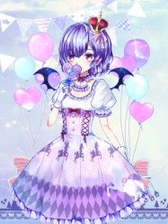 Rule 34 | 1girl, alternate costume, animal print, argyle, argyle clothes, argyle dress, ascot, bad id, bad pixiv id, balloon, bat wings, baton, bunting, colored eyelashes, cross-laced clothes, crown, dress, earrings, frilled dress, frills, ginzuki ringo, gloves, heart balloon, highres, holding, horse, jewelry, key, light purple hair, lolita fashion, mini crown, pennant, pink dress, pink eyes, pointy ears, print dress, puffy short sleeves, puffy sleeves, remilia scarlet, shirt, short sleeves, smile, solo, star (symbol), string of flags, sweet lolita, touhou, white gloves, wings