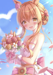 Rule 34 | 1girl, absurdres, alternate hairstyle, animal ears, blush, breasts, collarbone, color pro, commentary request, dress, flower, hair flower, hair ornament, heart, highres, horse ears, horse girl, looking at viewer, mayano top gun (sunlight bouquet) (umamusume), mayano top gun (umamusume), official alternate costume, open mouth, orange eyes, orange hair, petals, sky, small breasts, solo, umamusume, wedding dress