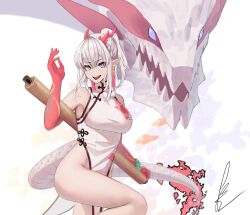 Rule 34 | absurdres, bracelet, china dress, chinese clothes, dragon, dress, earrings, highres, horns, jewelry, killme, tail