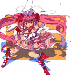 Rule 34 | absurdres, animal ears, bow, di gi charat, edoya inuhachi, full body, gloves, hair bow, highres, legs apart, long hair, looking away, magical girl, open mouth, pink eyes, pink hair, rabbit ears, red bow, red footwear, red ribbon, ribbon, solo, standing, twintails, usada hikaru, v-shaped eyebrows, very long hair, white legwear
