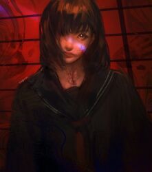 1girl black_hair blue_shirt closed_mouth commentary hashtag-only_commentary highres katlovesstar looking_at_viewer medium_hair red_background red_sailor_collar sailor_collar sailor_shirt shirt silent_hill_(series) silent_hill_f solo standing veins