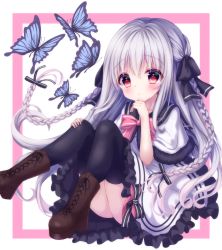 Rule 34 | 1girl, absurdres, animal, black bow, black thighhighs, blush, boots, bow, braid, brown footwear, bug, butterfly, capelet, closed mouth, commentary request, cross-laced footwear, dress, frilled dress, frills, fur-trimmed capelet, fur trim, grey hair, hair between eyes, hair bow, hakuto momiji, hand up, heart, heart in eye, high heel boots, high heels, highres, insect, lace-up boots, long hair, looking at viewer, original, pink background, pink bow, red eyes, solo, striped, striped bow, symbol in eye, thighhighs, twin braids, two-tone background, very long hair, white background, white capelet, white dress