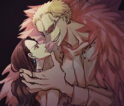 Rule 34 | 1boy, 1girl, black background, blonde hair, brown eyes, brown hair, coat, commentary request, donquixote doflamingo, dress, earrings, feather coat, hand up, height difference, hetero, jewelry, lips, long hair, long sleeves, looking at another, nsgw, one piece, pectorals, pink coat, polka dot, polka dot dress, shirt, short hair, sleeveless, sleeveless dress, smirk, sunglasses, teeth, viola (one piece), white-framed eyewear, white shirt