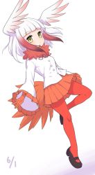 Rule 34 | 1girl, bird tail, black footwear, blunt bangs, brown hair, dated, drawstring, expressionless, frilled sleeves, frills, full body, fur collar, gloves, gradient hair, head wings, highres, japanese crested ibis (kemono friends), kemono friends, long sleeves, looking at viewer, mary janes, medium hair, multicolored hair, orange gloves, orange skirt, pantyhose, ransusan, red hair, red pantyhose, shirt, shoes, simple background, skirt, solo, tail, white background, white hair, white shirt, wings, yellow eyes