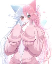 Rule 34 | 1girl, animal ears, blue eyes, blue hair, blush, cat ears, cat girl, hair ornament, hairclip, heterochromia, highres, jacket, long hair, looking at viewer, multicolored hair, open clothes, open jacket, original, pink eyes, pink hair, rain (oc character), shirt, twintails, usa37107692, very long sleeves, white shirt