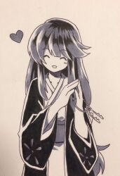 Rule 34 | 1girl, ^ ^, closed eyes, commentary request, greyscale, hands up, haori, heart, highres, holding, holding key, japanese clothes, kaigen 1025, key, kimono, kotohime (touhou), long hair, long sleeves, marker (medium), monochrome, no nose, obi, open mouth, sash, simple background, smile, solo, touhou, touhou (pc-98), traditional media, white background