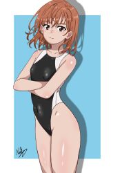 Rule 34 | 1girl, 2023, 20s, artist name, bare hips, bare legs, bare shoulders, blush, breasts, brown eyes, brown hair, collarbone, competition swimsuit, crossed arms, highres, looking at viewer, matching hair/eyes, misaka mikoto, nashdnash2007, one-piece swimsuit, school swimsuit, short hair, small breasts, solo, standing, swimsuit, thick thighs, thighs, toaru kagaku no railgun, toaru majutsu no index, tokiwadai school swimsuit, two-tone background