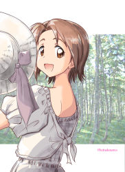 Rule 34 | 1girl, blue sky, brown eyes, brown hair, casual, commentary, day, dress, from behind, girls und panzer, grey dress, hat, hat ribbon, holding, holding clothes, holding hat, looking at viewer, looking back, nakasawa kei, open mouth, outdoors, outside border, parted bangs, purple ribbon, ribbon, sawa azusa, short hair, short sleeves, sky, smile, solo, standing, tree, twitter username, unworn hat, unworn headwear, upper body, white hat
