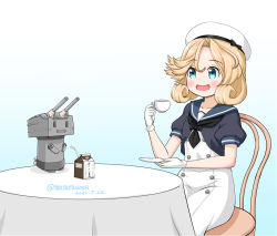 Rule 34 | 1girl, black neckwear, blonde hair, blue background, blue eyes, blue sailor collar, cup, dress, drinking straw, gloves, gradient background, hat, janus (kancolle), kantai collection, masara (chuujou), milk carton, one-hour drawing challenge, open mouth, parted bangs, rensouhou-chan, sailor collar, sailor dress, sailor hat, short hair, sitting, teacup, teapot, white background, white dress, white gloves, white headwear