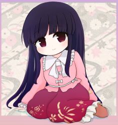Rule 34 | 1girl, belt, black background, black flower, black hair, blouse, blush, border, bow, bowtie, brown eyes, chibi, closed mouth, collar, floral background, flower, houraisan kaguya, lily (flower), long hair, long sleeves, looking at viewer, multicolored background, orange footwear, pink background, pink border, pink flower, pink shirt, pink sleeves, purple background, purple border, red skirt, rei (tonbo0430), seiza, shadow, shirt, shoes, sitting, skirt, smile, solo, touhou, very long hair, white background, white belt, white bow, white bowtie, white flower