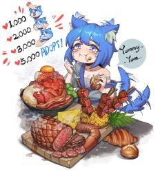 Rule 34 | 1girl, :i, animal ears, blue eyes, blue hair, blush, bread, cheese, closed mouth, commentary, croissant, crying, crying with eyes open, dog ears, dog girl, dog tail, ear wiggle, eating, english commentary, food, fried egg, fruit, happy tears, highres, meat, original, pineapple, salad, sin (sintrybest), solo, tail, tail wagging, tears