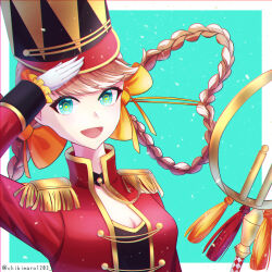 Rule 34 | 1girl, absurdres, aiguillette, aqua eyes, bow, braid, buttons, double-breasted, eyelashes, hat, highres, jacket, looking at viewer, nutcracker (takt op.), open mouth, orange hair, peaked cap, red jacket, salute, smile, solo, takt op., twin braids, user chibimaro1203