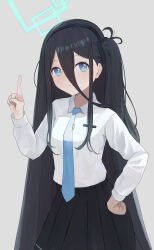 Rule 34 | 1girl, absurdres, aris (blue archive), blue archive, blue eyes, blush, collared shirt, hair ornament, hairband, halo, hand on own hip, highres, index finger raised, kumare yuki, long bangs, long hair, long sleeves, looking at viewer, necktie, one side up, pleated skirt, shirt, skirt, smile, solo, tie clip, very long hair