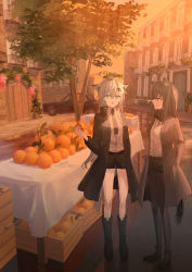 Rule 34 | 2girls, absurdres, animal ear fluff, animal ears, arknights, black footwear, black jacket, black legwear, black necktie, black shorts, boots, building, car, chihuri, collared shirt, commentary request, dress shirt, food, food request, grey eyes, grey hair, hair between eyes, hair ornament, hairclip, highres, holding, holding food, jacket, knee boots, lappland (arknights), long hair, motor vehicle, multiple girls, necktie, open clothes, open jacket, outdoors, pantyhose, pantyhose under shorts, scar, scar across eye, scar on face, shirt, short shorts, shorts, sunset, table, tail, texas (arknights), tree, very long hair, white shirt, window
