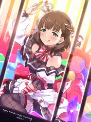 Rule 34 | 1girl, :q, bars, blue eyes, blurry, blush, bokeh, brown hair, brown pantyhose, cage, commentary, crown, depth of field, dress, fishnet pantyhose, fishnets, hair ribbon, highres, idolmaster, idolmaster cinderella girls, in cage, indoors, kneeling, mini crown, nanananananasea, off-shoulder dress, off shoulder, pantyhose, red ribbon, ribbon, sakuma mayu, short hair, solo, tongue, tongue out, white ribbon