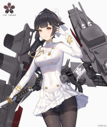 Rule 34 | 1girl, artillery, azur lane, black hair, black pantyhose, bow, breasts, buttons, double-breasted, gloves, hair bow, half gloves, holding, holding sword, holding weapon, jacket, long hair, looking at viewer, medal, medium breasts, military, military uniform, miniskirt, naval uniform, panties, panties under pantyhose, pantyhose, pleated skirt, ponytail, rigging, sakura empire (emblem), simple background, skirt, solo, standing, sword, takao (azur lane), thighband pantyhose, turret, underwear, uniform, weapon, white background, white bow, white gloves, white jacket, white skirt, wuyi p