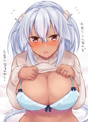 Rule 34 | 1girl, absurdres, blue bra, bra, breasts, clothes lift, dark-skinned female, dark skin, glasses, graphite (medium), grey hair, hair between eyes, highres, jewelry, kantai collection, large breasts, lifting own clothes, mashiro yukiya, millipen (medium), musashi (kancolle), musashi kai ni (kancolle), navel, red eyes, ring, sweater, sweater lift, traditional media, translation request, twintails, underwear, upper body, wedding band
