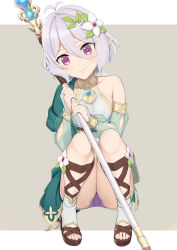 Rule 34 | 1girl, absurdres, antenna hair, asymmetrical clothes, blush, breasts, bridal gauntlets, brown footwear, closed mouth, collarbone, commentary request, earrings, elf, flower, full body, grey background, hair between eyes, hair flower, hair ornament, head tilt, highres, holding, holding staff, jewelry, k-ya., kokkoro (princess connect!), leaf, looking at viewer, panties, pantyshot, pointy ears, pouch, princess connect!, purple hair, purple panties, see-through, short hair, silhouette, small breasts, smile, solo, squatting, staff, toeless footwear, two-tone background, underwear, white flower